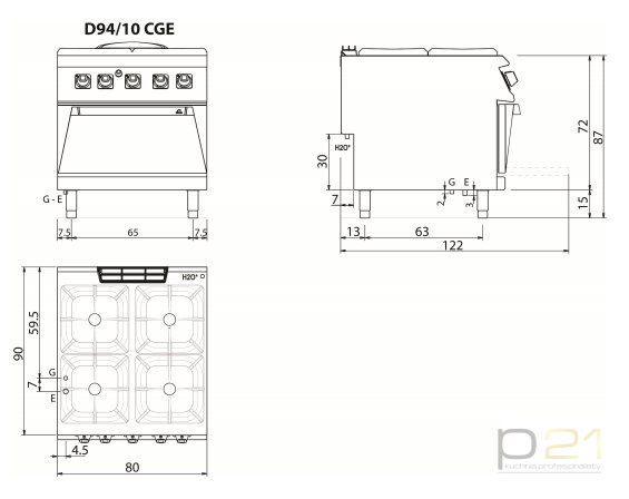 Kuchnia gazowa 4-palnikowa z elektrycznym piekarnikiem, 21,7 + 6 kW, Diamante 90, Olis Kuchnia gazowa 4-palnikowa z elektrycznym piekarnikiem, 21,7 + 6 kW, Diamante 90, Olis