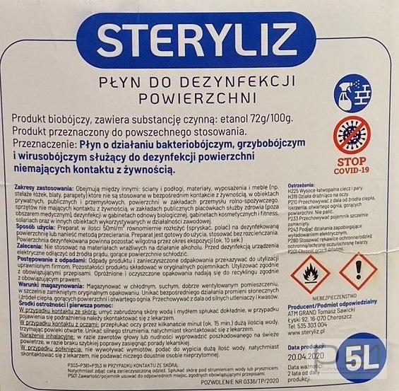 Płyn do dezynfekatora, dezynfekcji pomieszczeń i powierzchni, Steryliz 5 l Płyn do dezynfekatora, dezynfekcji pomieszczeń i powierzchni, Steryliz 5 l