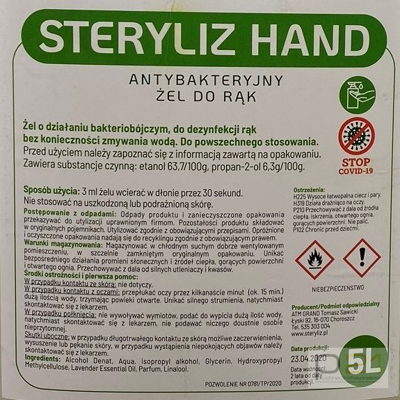 Żel do dezynfekcji rąk, Steryliz Hand 5 l Żel do dezynfekcji rąk, Steryliz Hand 5 l